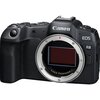 Czarny aparat bezlusterkowy z widocznym logo "Canon" oraz oznaczeniem modelu "EOS R8" na korpusie. Aparat ma otwarty bagnet do mocowania obiektywu, a na górze widoczne są pokrętła sterujące.
