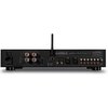 Czarny wzmacniacz Audiolab 9000A z widocznymi złączami i portami na tylnej ściance, w tym wejściami RCA, XLR, USB oraz anteną. Na obudowie znajduje się logo "audiolab" oraz napisy informacyjne dotyczące modelu i specyfikacji technicznej.