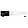 Odtwarzacz sieciowy w kolorze srebrnym z wyświetlaczem pokazującym informacje: "Streaming", "1/15", "FLAC 352.8kHz 24bit", "Magna Amatori", "ASTROGNOSIA", czas odtwarzania "00:34" z całkowitego "01:25", oraz poziom głośności "-30dB". Na panelu znajdują si