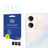 Opakowanie produktu "3mk Lens Protection" w kolorze niebieskim z białym logo i napisem "Lens Protection™" oraz informacjami w kilku językach. Obok znajduje się telefon z dwoma obiektywami, na które nałożone są przezroczyste osłony.