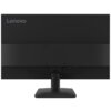 Czarny monitor z logo "Lenovo" widoczny od tyłu, z prostokątną podstawą i panelem montażowym. Na obudowie znajdują się otwory montażowe oraz porty połączeniowe.