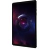 Przedstawiony jest czarny tablet z wyświetlaczem, na którym widoczna jest grafika przedstawiająca futurystyczny, okrągły obiekt na tle kosmicznego krajobrazu w odcieniach fioletu i czerwieni. Tablet ma cienkie ramki i widoczne przyciski na boku obudowy.
