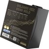 Czarny zasilacz z widocznym napisem "VOLCANO HEX 850W GOLD" oraz tabelą specyfikacji technicznej, w tym wartościami napięć i prądów. Na dole znajdują się ostrzeżenia w kilku językach, logo "VOLCANO MODECOM" oraz kody certyfikacji, takie jak "CYBENETICS AT