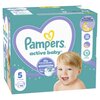 Opakowanie pieluch jednorazowych Pampers Active Baby, rozmiar 5 dla dzieci o wadze 11-16 kg, zawierające 111 sztuk. Na opakowaniu widoczne są napisy: "Pampers active baby", "Dry & Protected Skin", "Stop & Protect Pocket" oraz grafika uśmiechniętego dzieck