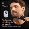 Na zdjęciu widoczna jest golarka używana przez mężczyznę, z tekstem: "Series 9 PRO+", "5 lat gwarancji*", "Najlepsza jakość golenia od Braun. Dokładne golenie i ochrona skóry." oraz małym drukiem "*Obowiązuje regulamin dostępny na stronie Braun.com."