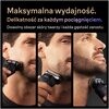 Na zdjęciu widoczne są trzy zbliżenia na mężczyznę używającego golarki elektrycznej, z tekstem: "Maksymalna wydajność. Delikatność za każdym pociągnięciem. Dowolny obszar skóry twarzy i każda gęstość zarostu."