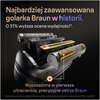 Na zdjęciu znajduje się golarka z widocznymi ostrzami i napisami: "Najbardziej zaawansowana golarka Braun w historii. O 31% wyższa ocena wydajności*." oraz "Wyposażona w pierwsze ultracienkie, precyzyjne ostrza Braun." Na dole znajduje się mały tekst: "*b
