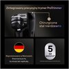 Na zdjęciu znajduje się golarka z napisem "Zintegrowany precyzyjny trymer ProTrimmer" oraz "Chirurgiczna stal nierdzewna". Poniżej widoczna jest flaga Niemiec z tekstem "Wyprodukowano w Niemczech. Stworzona po to, by służyć jak najdłużej." oraz symbol "5 