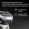 Golarka z trzema elastycznymi ostrzami i głowicą 360° SkinFlexHead jest przedstawiona na ciemnym tle. Tekst na zdjęciu: "Dostosowuje się do konturów, zapewniając wyjątkowo gładkie golenie nawet w trudno dostępnych miejscach."