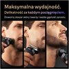 Na zdjęciu widoczna jest golarka używana na twarzy, przedstawiona w trzech ujęciach. Tekst na zdjęciu brzmi: "Maksymalna wydajność. Delikatność za każdym pociągnięciem. Dowolny obszar skóry twarzy i każda gęstość zarostu."