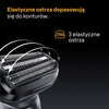 Golarka z trzema elastycznymi ostrzami jest przedstawiona na ciemnym tle, z tekstem: "Elastyczne ostrza dopasowują się do konturów. 3 elastyczne ostrza".