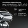 Na zdjęciu widoczna jest golarka z trzema elastycznymi ostrzami i głowicą 360° SkinFlexHead. Obok produktu znajduje się tekst: "Dostosowuje się do konturów, zapewniając wyjątkowo gładkie golenie nawet w trudno dostępnych miejscach."