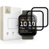Opakowanie produktu "Szkło hybrydowe TECH-PROTECT Glass Flex+ do Garmin Venu X1 Czarny (2 szt.)" znajduje się obok zegarka z wyświetlaczem pokazującym godzinę 10:10, datę i inne informacje. Na opakowaniu widoczne są ikony z napisami: "ANTI FINGERPRINT", "