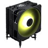 Czarny system chłodzenia CPU z podświetlanym wentylatorem w kolorze żółtym, z widocznym logo smoka na środku wentylatora oraz na górnej części obudowy. Produkt ma masywną konstrukcję z licznymi żeberkami i śrubami na górze.