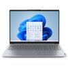 Srebrny laptop z dużym ekranem, na którym wyświetlony jest pulpit systemu Windows 11 z otwartym menu Start. Na obudowie widoczne jest logo "Lenovo".