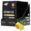 Czarne opakowanie z napisem "4F ISOTONIC PLUS LEMON FLAVOUR" oraz logo "PZLA" na górze, obok znajduje się cytryna i plasterek cytryny. Na opakowaniu widnieje informacja "FOOD SUPPLEMENT 700 g" oraz "20 SERVING SACHETS".