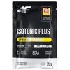 Czarny opakowanie z napisem "4F" i "ISOTONIC PLUS" oraz żółtym paskiem z tekstem "LEMON FLAVOUR". Widoczne są również informacje: "POLECANE PRZEZ POLSKI ZWIĄZEK LEKKIEJ ATLETYKI", "HYDRATION", "2:1 GLUCOSE: FRUCTOSE", "BCAA", "AMINO ACID SYNTHESIS", "FOOD