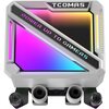 Na zdjęciu znajduje się chłodzenie wodne w kolorze białym z widocznym logo "TCOMAS" oraz napisem "POWER UP TO GAMERS" na powierzchni urządzenia. Produkt ma kolorowe podświetlenie w odcieniach różu, fioletu i żółci.