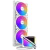 Na zdjęciu znajduje się chłodzenie wodne z trzema wentylatorami o kolorowym podświetleniu RGB oraz blok wodny z napisem "TCOMAS" i "POWER UP TO GAMERS". Produkt jest w kolorze białym, a wentylatory mają widoczne logo "TCOMAS" na środku.