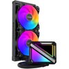 Na zdjęciu znajduje się chłodzenie wodne z dwoma wentylatorami o podświetleniu RGB oraz blokiem wodnym z napisem "TCOMAS" i "POWER UP TO GAMERS". Produkt ma czarną obudowę i elastyczne przewody.