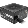 Czarny zasilacz komputerowy z widocznym logo "ASUS" oraz oznaczeniem "750W" na boku obudowy. Na powierzchni zasilacza znajduje się kratka wentylacyjna, a z boku widoczna jest tabliczka znamionowa z danymi technicznymi i certyfikatem "80 Plus Bronze".