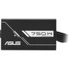 Czarny zasilacz z białymi napisami "ASUS" i "750W" oraz widocznymi kablami po jednej stronie. Produkt ma nowoczesny design z geometrycznymi liniami.
