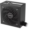 Czarny zasilacz komputerowy z widocznym wentylatorem osłoniętym kratką, na obudowie znajduje się logo "ASUS" oraz napis "750W". Z boku zasilacza wychodzi wiązka kabli.