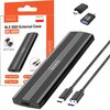 Na zdjęciu znajduje się czarna obudowa dysku z logo "zenwire" oraz opakowanie z napisem "M.2 SSD External Case BS-M6N". Widoczne są także dwa adaptery USB oraz kabel, a na opakowaniu znajdują się ikony z napisami: "High Speed", "Plug & Play".