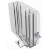 Na zdjęciu widoczny jest biały radiator z wieloma cienkimi, metalowymi żeberkami oraz czterema pionowymi rurkami cieplnymi. U podstawy znajdują się dwie metalowe płytki z fioletowymi sprężynami.