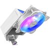 Biały wentylator chłodzenia CPU z podświetleniem RGB, z widocznym logo "TCOMAS" na środku. Obudowa wentylatora ma wzór z powtarzającym się napisem "TCOMAS".