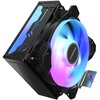 Czarny system chłodzenia CPU TCOMAS SJ-R400 4HP z podświetleniem LED w kolorach niebieskim i fioletowym, z widocznym logo "TCOMAS" na wentylatorze. Na obudowie znajduje się napis "POWER LED TO GAMERS" oraz model "SJ-R400".
