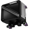 Czarny komponent chłodzenia wodnego z widocznymi napisami "TCOMAS" oraz "POWER UP TO GAMERS". Elementy konstrukcji mają fioletowe akcenty i metaliczne wykończenia.