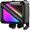 Czarny blok chłodzenia wodnego z podświetleniem RGB, na którym widnieje napis "TCOMAS" oraz "POWER UP TO GAMERS". Produkt ma nowoczesny design z widocznymi elementami montażowymi.