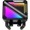 Czarny element chłodzenia wodnego z kolorowym podświetleniem, na którym widnieje napis "TCOMAS" oraz "POWER UP TO GAMERS". Produkt ma nowoczesny design z widocznymi złączami na dole.