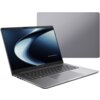 Na zdjęciu widoczny jest laptop z otwartym ekranem, na którym wyświetlany jest abstrakcyjny wzór w odcieniach niebieskiego i szarego oraz napis "ASUS EXPERTBOOK". W tle znajduje się zamknięta pokrywa laptopa w kolorze szarym.
