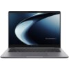 Na zdjęciu widoczny jest laptop z otwartym ekranem, na którym wyświetlany jest abstrakcyjny wzór w odcieniach niebieskiego i czarnego. Na dolnej ramce ekranu znajduje się napis "ASUS EXPERTBOOK".
