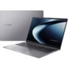 Na zdjęciu widoczny jest laptop z otwartym ekranem, na którym wyświetla się abstrakcyjna grafika z napisem "ASUS ExpertBook". Obok znajduje się zamknięta pokrywa laptopa z logo "ASUS ExpertBook".