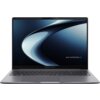 Laptop z otwartym ekranem, na którym widoczna jest abstrakcyjna grafika w odcieniach niebieskiego i czarnego oraz napis "ASUS EXPERTBOOK". Klawiatura jest pełnowymiarowa, a obudowa ma ciemny kolor.