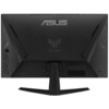 Czarny monitor z tyłu z widocznym logo "ASUS" na górze oraz napisem "TUF GAMING" poniżej. Obudowa ma geometryczne wzory i złącza po jednej stronie.