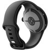 Czarny smartwatch z okrągłą tarczą i silikonowym paskiem, widoczny od strony tylnej obudowy z czujnikami. Na obudowie znajduje się napis: "Google Pixel Watch 4 41mm Heart Rate Sensor".