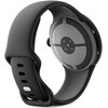 Czarny smartwatch z okrągłą tarczą i silikonowym paskiem, widoczny od tyłu. Na obudowie znajdują się napisy: "Google", "Pixel Watch 4", "45mm", "Heart rate sensor", "SpO2".