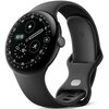 Czarny smartwatch z okrągłą tarczą, na której wyświetlane są cyfry, ikony oraz godzina 10:10. Pasek zegarka jest również czarny, a na nim widoczne jest logo w kształcie litery "G".