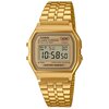 Złoty zegarek cyfrowy z metalową bransoletą, na tarczy widoczny jest napis "CASIO ALARM CHRONO" oraz "WATER RESIST", a wyświetlacz pokazuje godzinę 10:58:50. Na tarczy znajdują się także oznaczenia "WR", "Lithium", "MODE", "START-STOP/12-24H" oraz dzień t