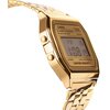 Złoty zegarek cyfrowy z metalową bransoletą, na tarczy widoczne napisy: "CASIO", "ALARM CHRONO", "WR", "WATER RESIST", oraz cyfrowy wyświetlacz pokazujący datę "FR 16" i czas "1:08 19". Zegarek posiada przyciski po bokach koperty.