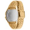 Złoty zegarek z metalową bransoletą, widoczny od tyłu, z okrągłą, srebrną kopertą. Na kopercie wygrawerowane są napisy: "CASIO (WATER RESISTANT) F-158W A158WE STAINLESS STEEL BACK WATER RESISTANT MADE IN CHINA 191".