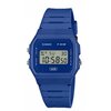 Niebieski zegarek sportowy z cyfrowym wyświetlaczem, na którym widoczna jest godzina 10:58:50 oraz oznaczenia: "CASIO", "F-91W", "WR", a także przyciski z napisami "MODE", "LIGHT", "ALARM ON/OFF". Wyświetlacz pokazuje również dzień tygodnia "SU" i datę "3