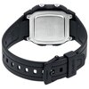 Czarny zegarek z tworzywa sztucznego z widocznym metalowym deklem, na którym znajdują się napisy: "CASIO", "WATER RESISTANT", "MADE IN CHINA", "ST. STEEL BACK", "W-800H", "MODULE 3092", "BATTERY CR2016". Pasek zegarka ma regulowane zapięcie z napisem "CAS