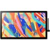Na zdjęciu znajduje się tablet graficzny z dużym ekranem, na którym widoczna jest kolorowa, abstrakcyjna grafika z dynamicznymi, falistymi liniami w odcieniach niebieskiego, pomarańczowego, czerwonego i żółtego. Na dolnej ramce ekranu znajduje się logo "W
