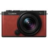 Czerwony aparat bezlusterkowy z obiektywem, na którym widnieje napis "LUMIX". Na obiektywie znajdują się oznaczenia: "S 1:4.5-6.3 / 18-40mm Ø62".