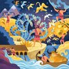 Ilustracja przedstawia kolorową scenę mitologiczną z różnorodnymi postaciami i elementami przyrody, takimi jak węże, ptaki i byk w łodzi na rzece. W tle widoczne są góry, drzewa oraz gwiaździste niebo.